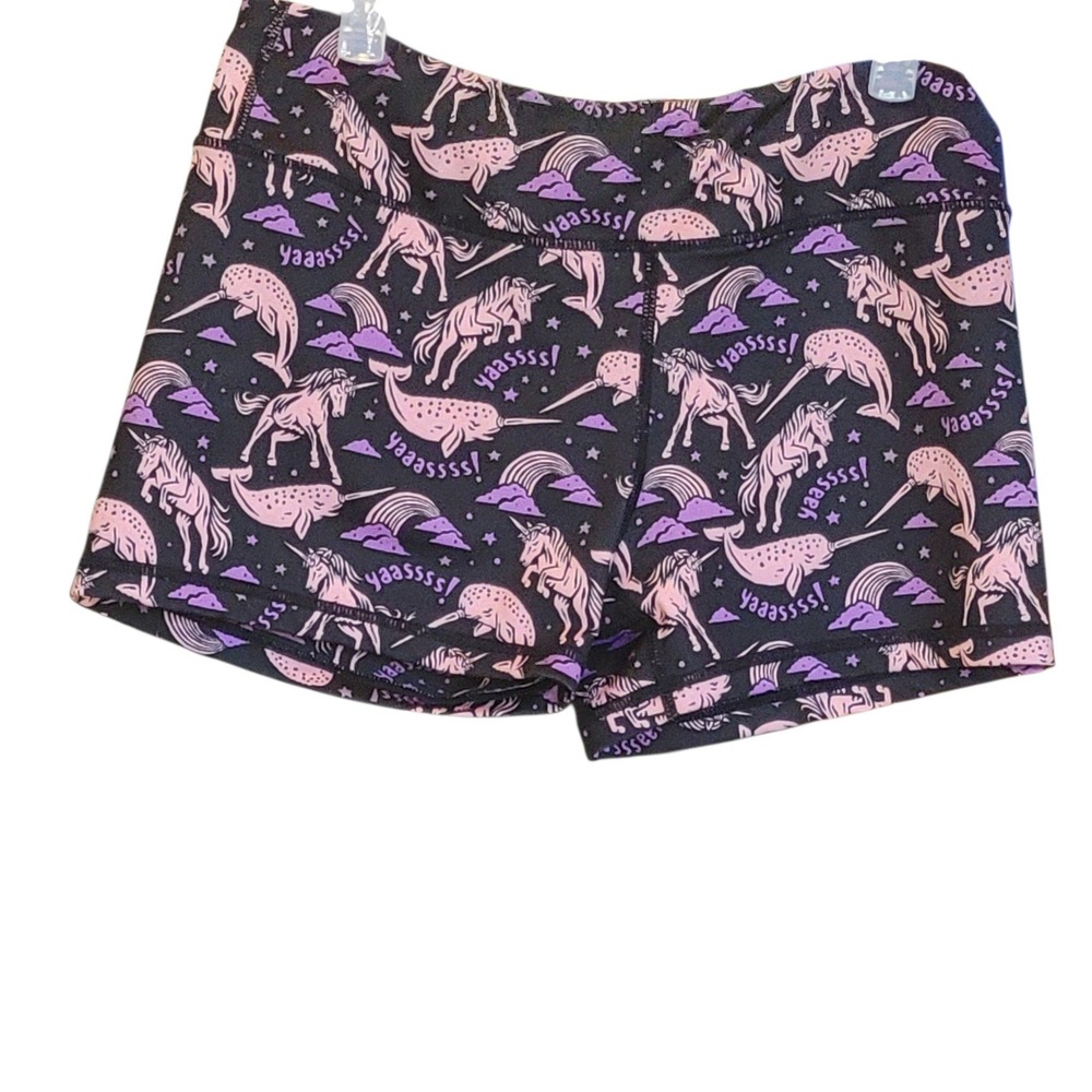 IAB MFG Womens Unicorn Narwhal Yaassss Athletic Booty Shorts Black Pink Size M 8